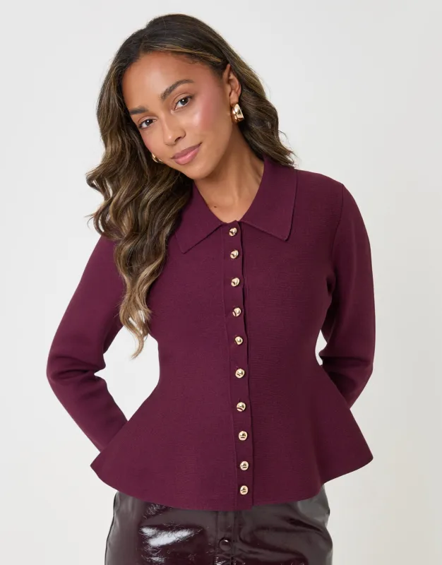 Compact Knit Peplum Cardigan in Plum made by Threadbare