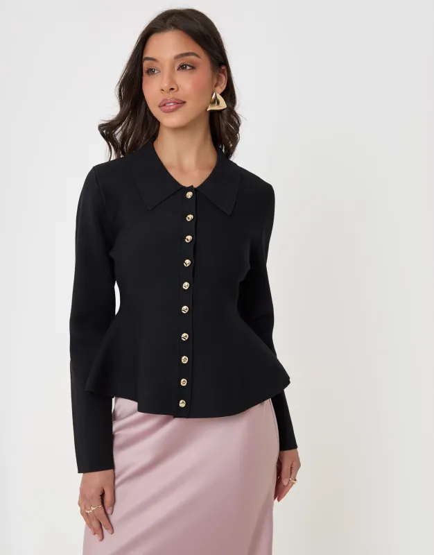 Compact Knit Peplum Cardigan in Black made by Threadbare