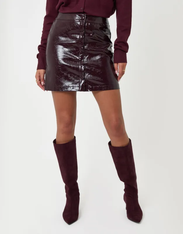 Faux Leather Button Front Mini Skirt in Plum made by Threadbare