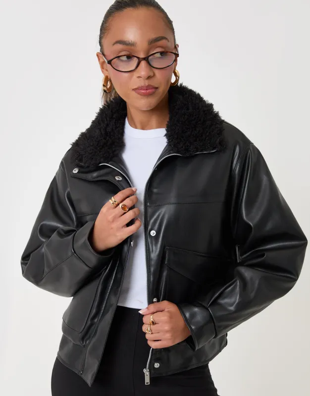 Faux Leather Fur Collar Jacket in Black made by Threadbare