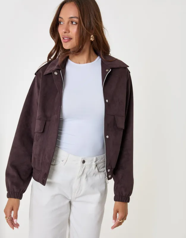 Faux Suede Collared Bomber Jacket in Chocolate Brown made by Threadbare