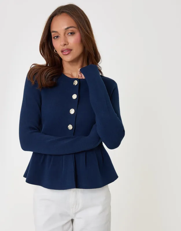 Crew Neck Peplum Cardigan in Navy made by Threadbare