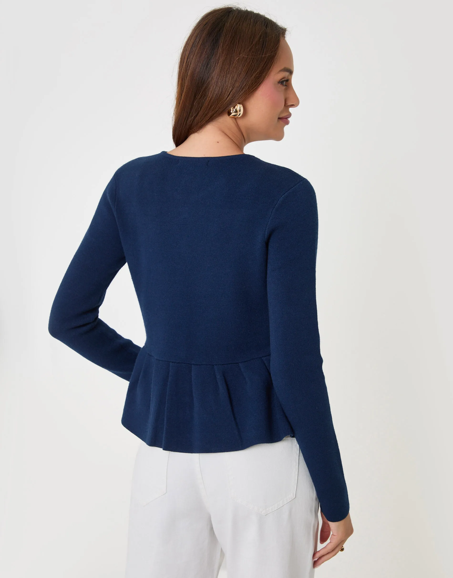 Crew Neck Peplum Cardigan in Navy sold by Threadbare product image thumbnail 2