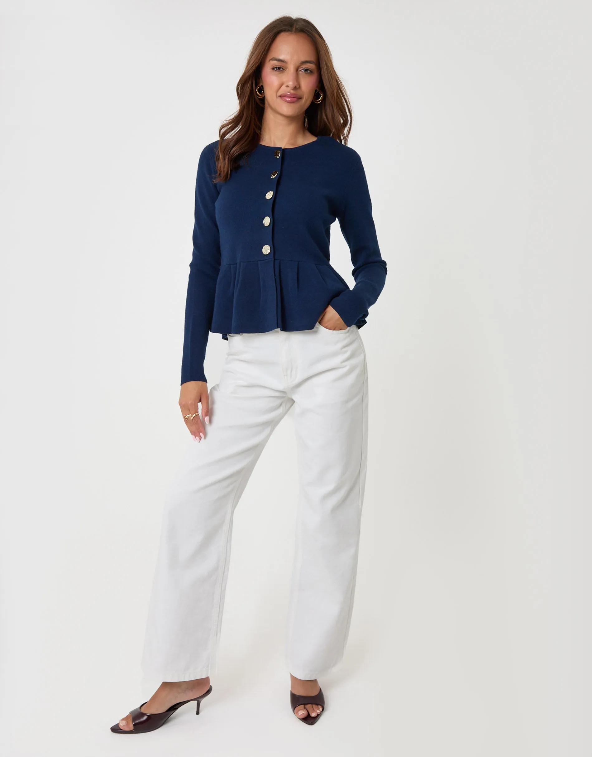Crew Neck Peplum Cardigan in Navy sold by Threadbare product image thumbnail 3