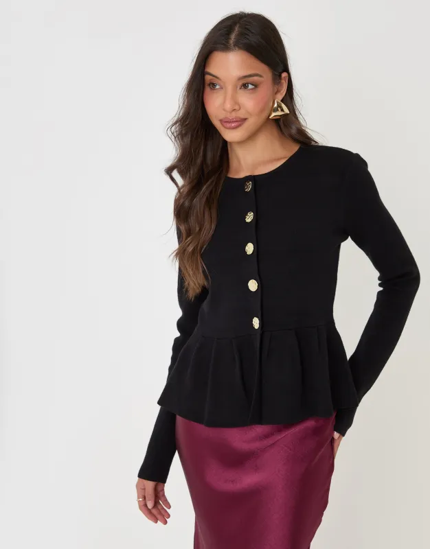 Crew Neck Peplum Cardigan in Black made by Threadbare