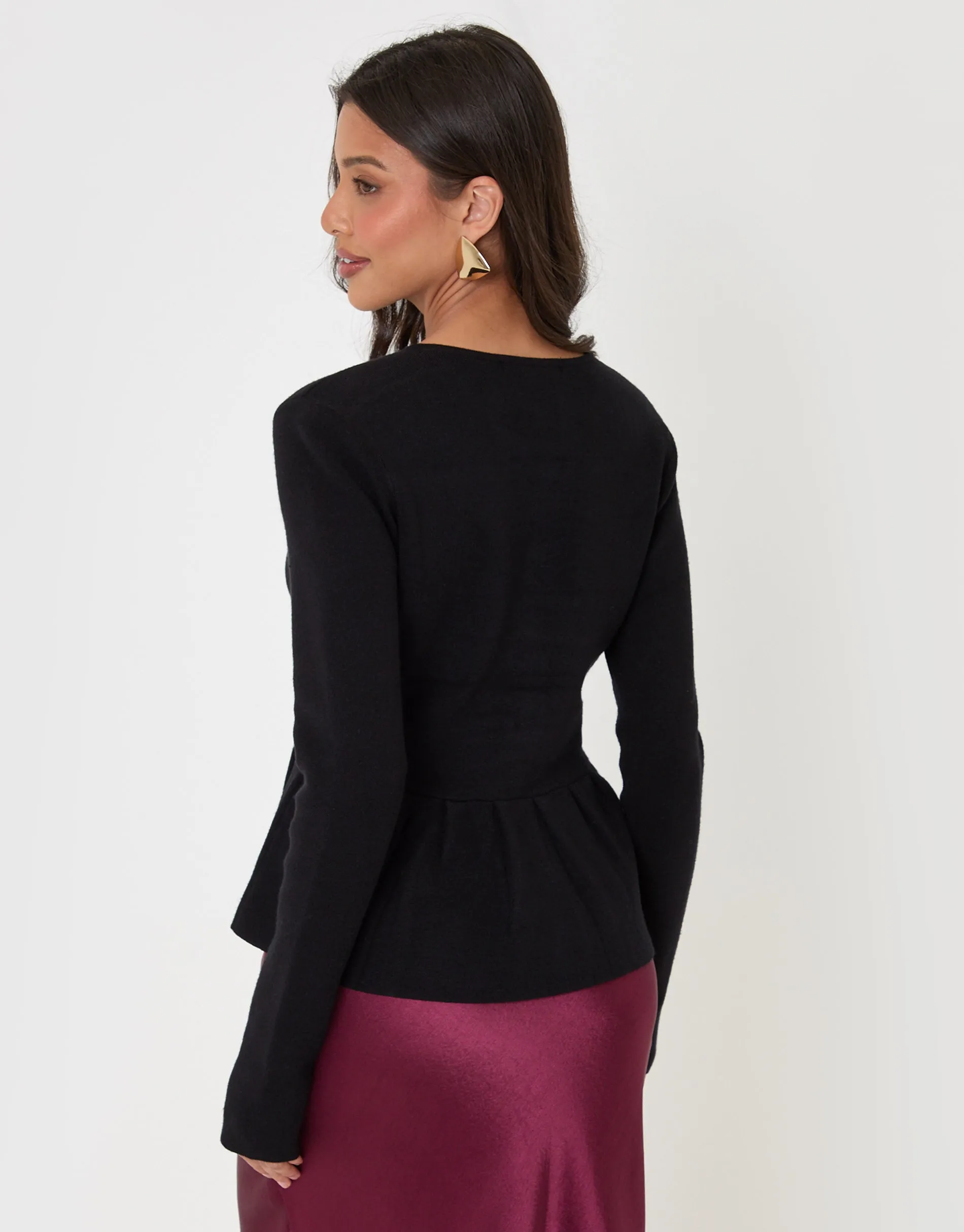 Crew Neck Peplum Cardigan in Black sold by Threadbare product image thumbnail 2