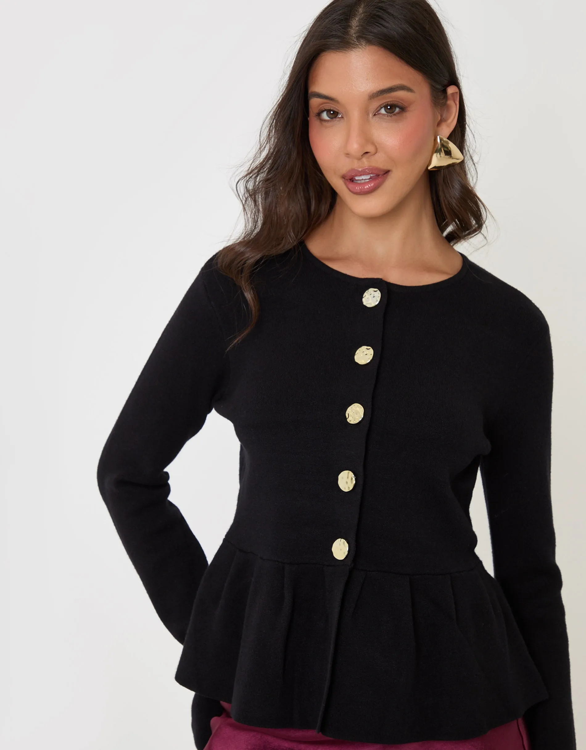 Crew Neck Peplum Cardigan in Black sold by Threadbare product image thumbnail 4