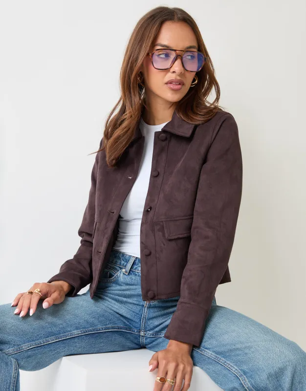 Faux Suede Collared Jacket in Chocolate Brown made by Threadbare
