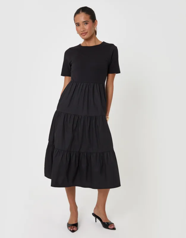 Tiered Midaxi Dress in Black made by Threadbare