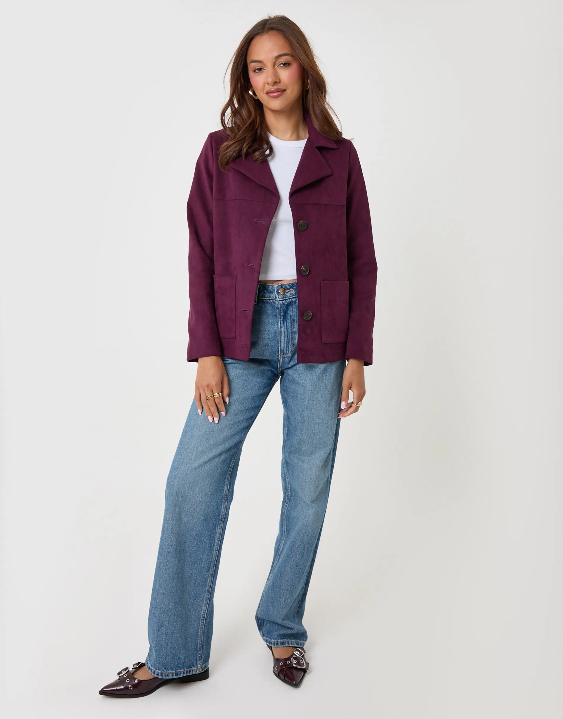 Faux Suede Blazer in Plum sold by Threadbare product image thumbnail 3