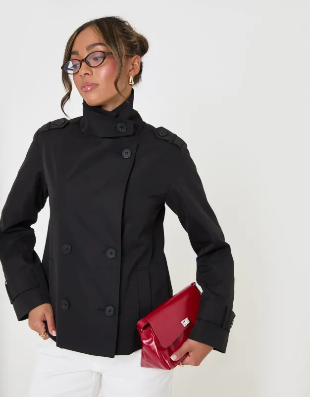 The Relaxed Funnel Neck Short Trench Coat in Black made by Threadbare