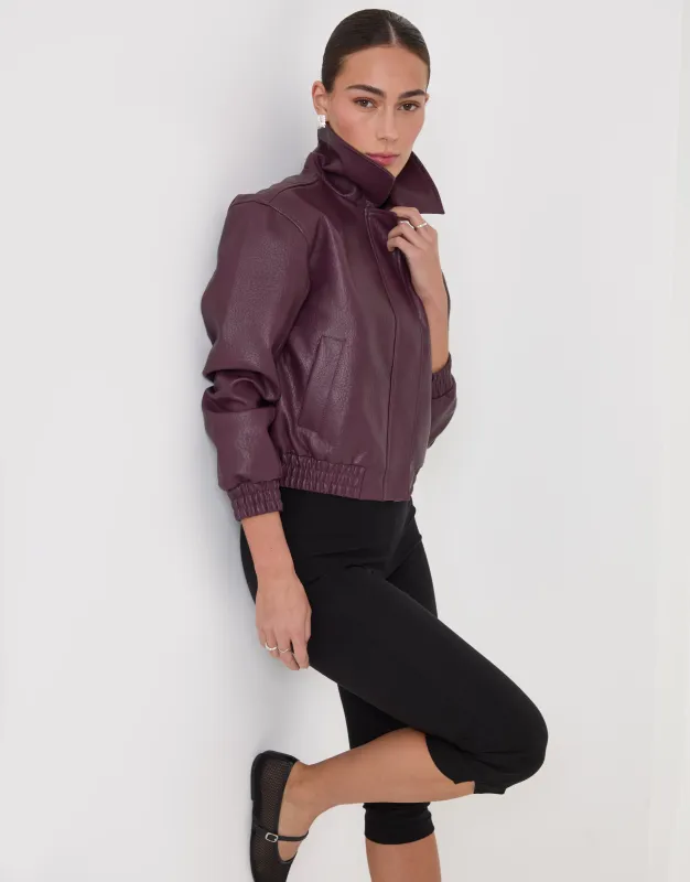 Faux Leather Collared Bomber Jacket in Plum made by Threadbare