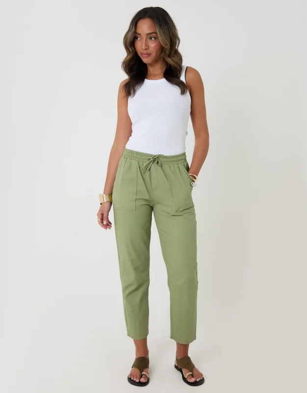 Drawstring Waist Tapered Jeans in Sage Green made by Threadbare