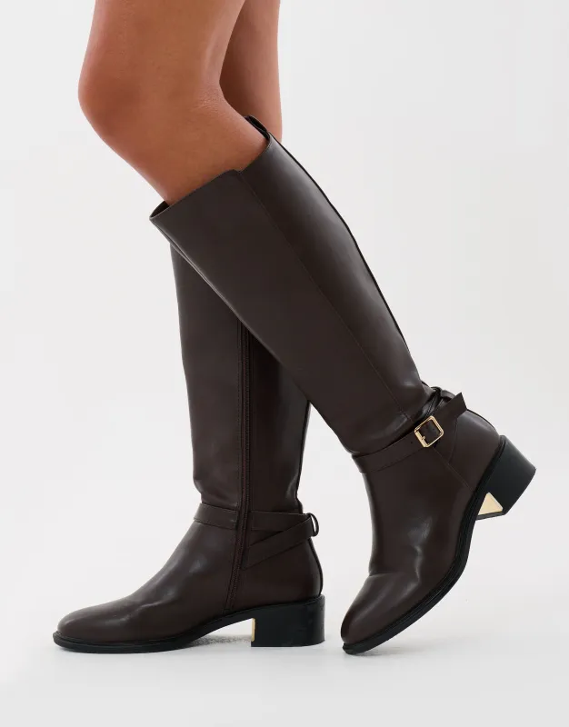 Faux Leather Riding Boots in Chocolate Brown made by Threadbare
