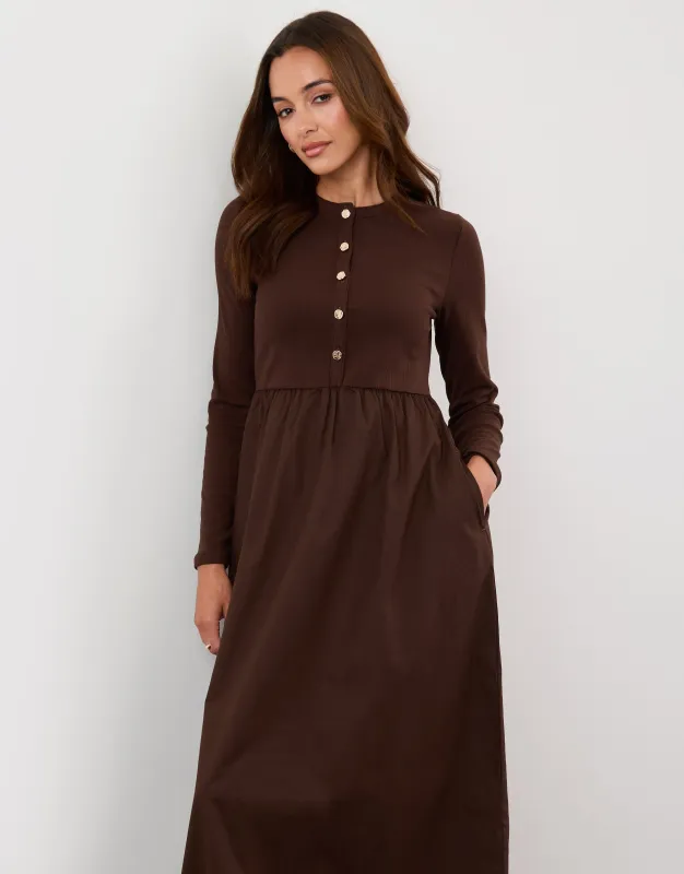 2 in 1 Button Up Midaxi Dress in Chocolate Brown made by Threadbare