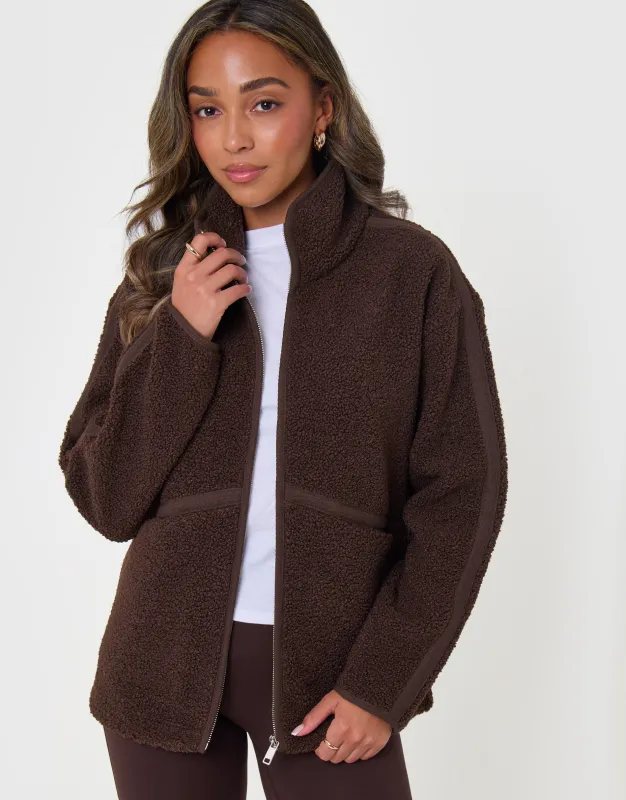 Contrast Binding Funnel Neck Fleece in Chocolate Brown made by Threadbare