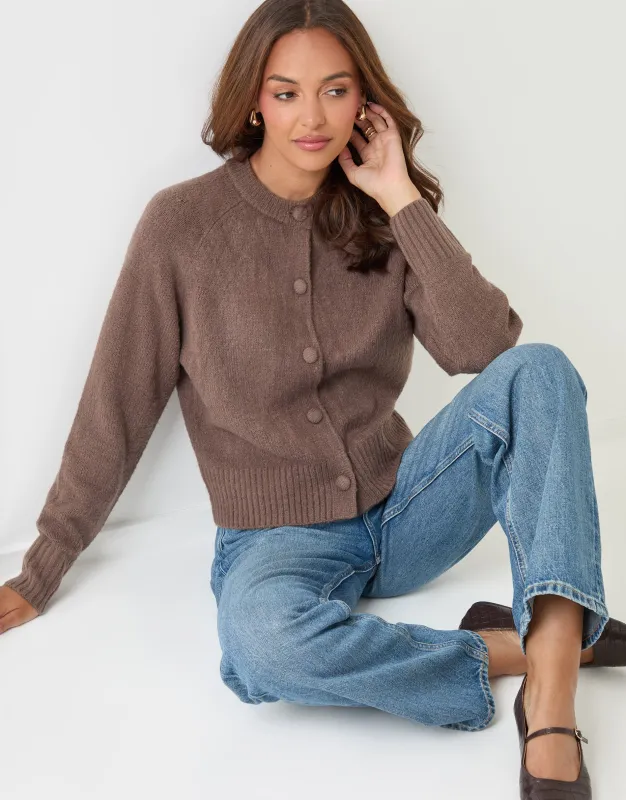 The Relaxed Knitted Cardigan in Mocha Brown made by Threadbare