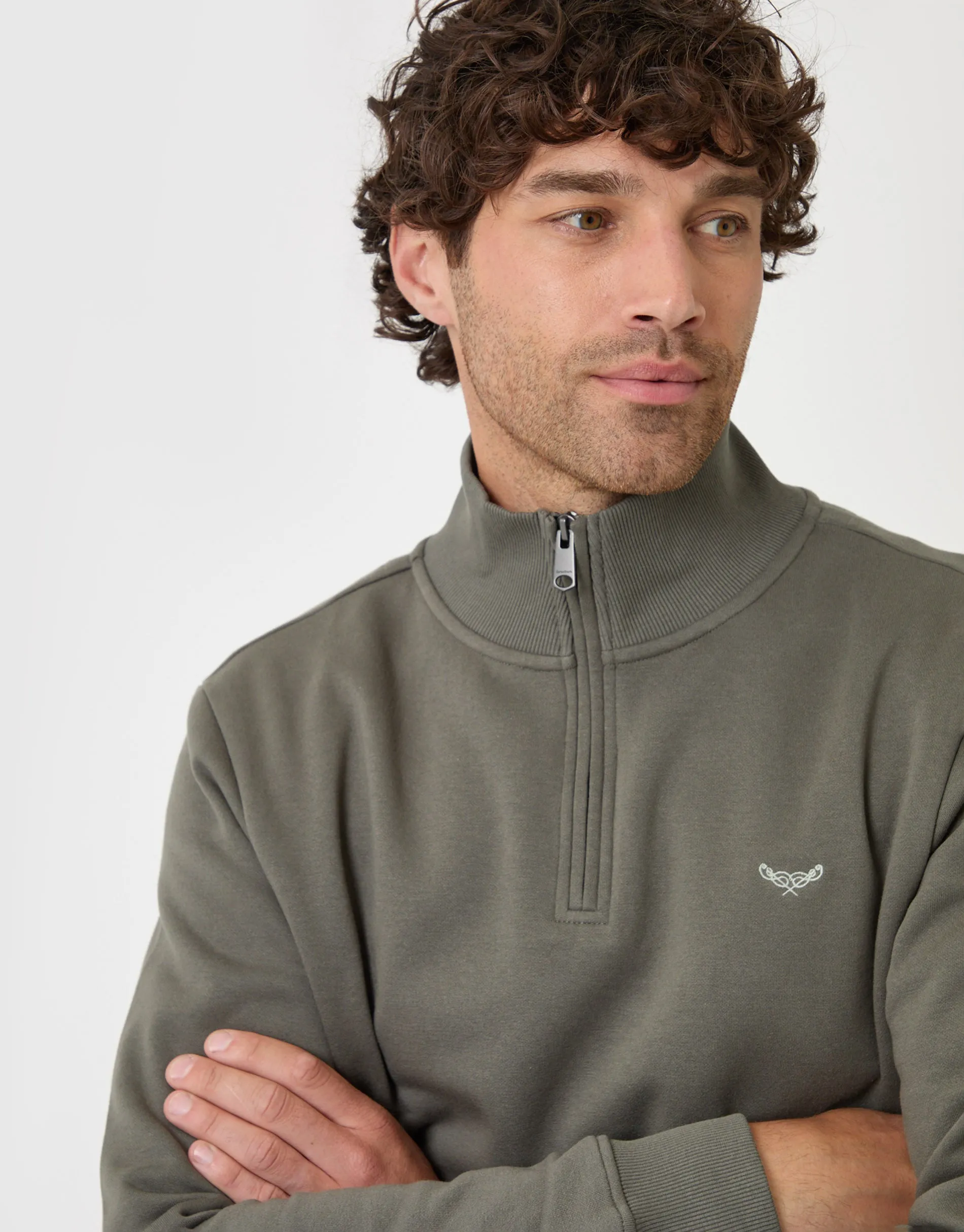 The Essential Cotton Rich Quarter Zip Sweatshirt in Dark Sage sold by Threadbare product image thumbnail 4