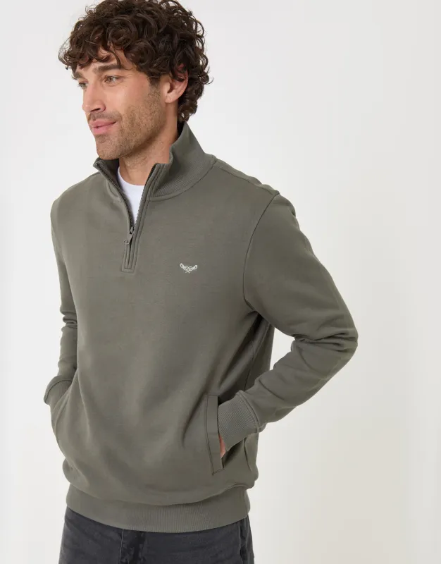 The Essential Cotton Rich Quarter Zip Sweatshirt in Dark Sage made by Threadbare