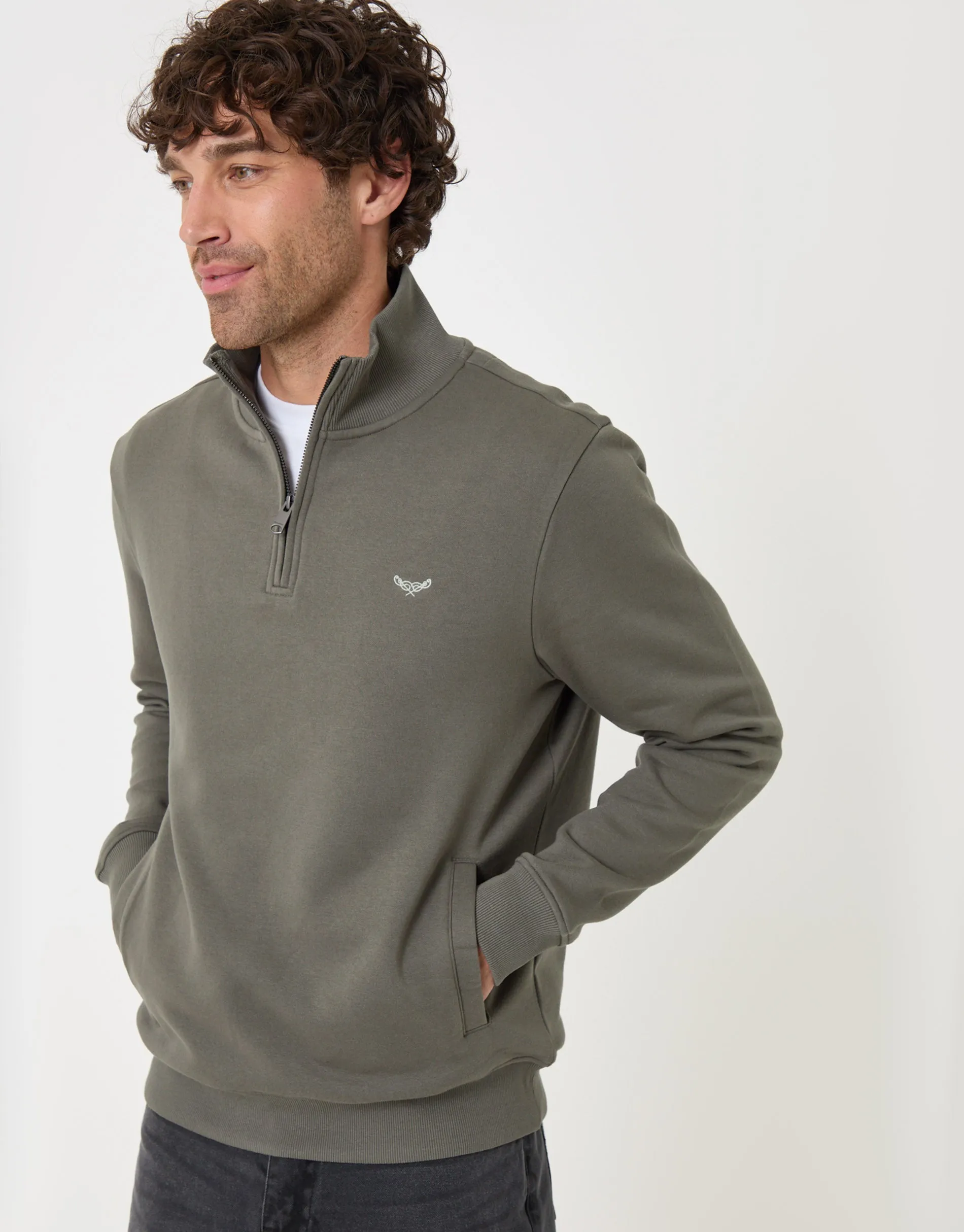 The Essential Cotton Rich Quarter Zip Sweatshirt in Dark Sage sold by Threadbare