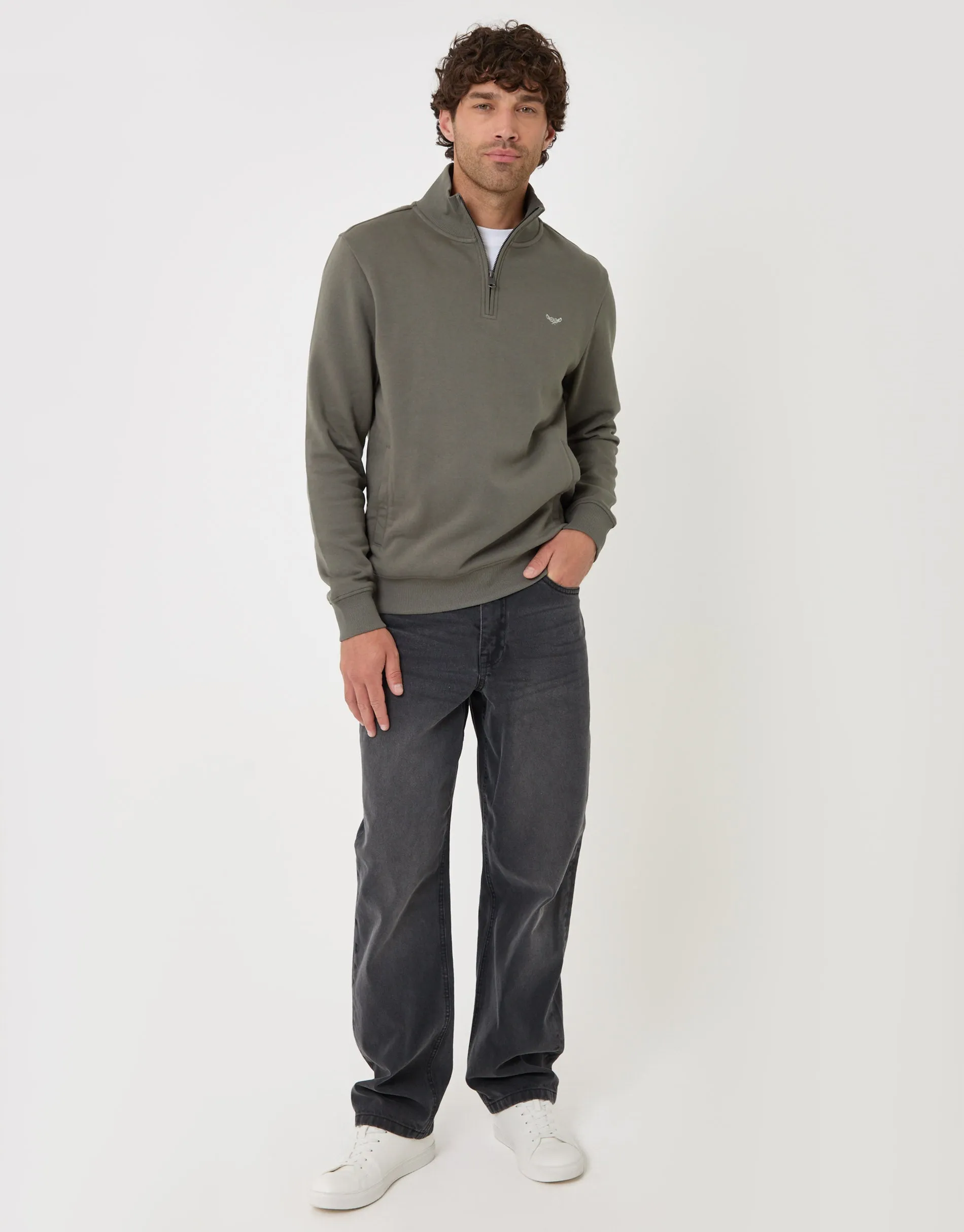 The Essential Cotton Rich Quarter Zip Sweatshirt in Dark Sage sold by Threadbare product image thumbnail 3