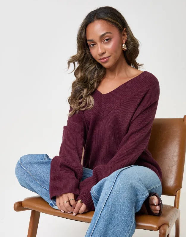 The Everyday Deep Rib V-Neck Jumper in Plum made by Threadbare