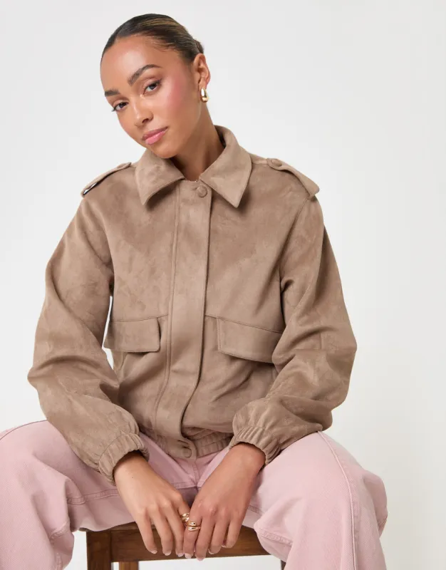 Faux Suede Collared Bomber Jacket in Tan made by Threadbare