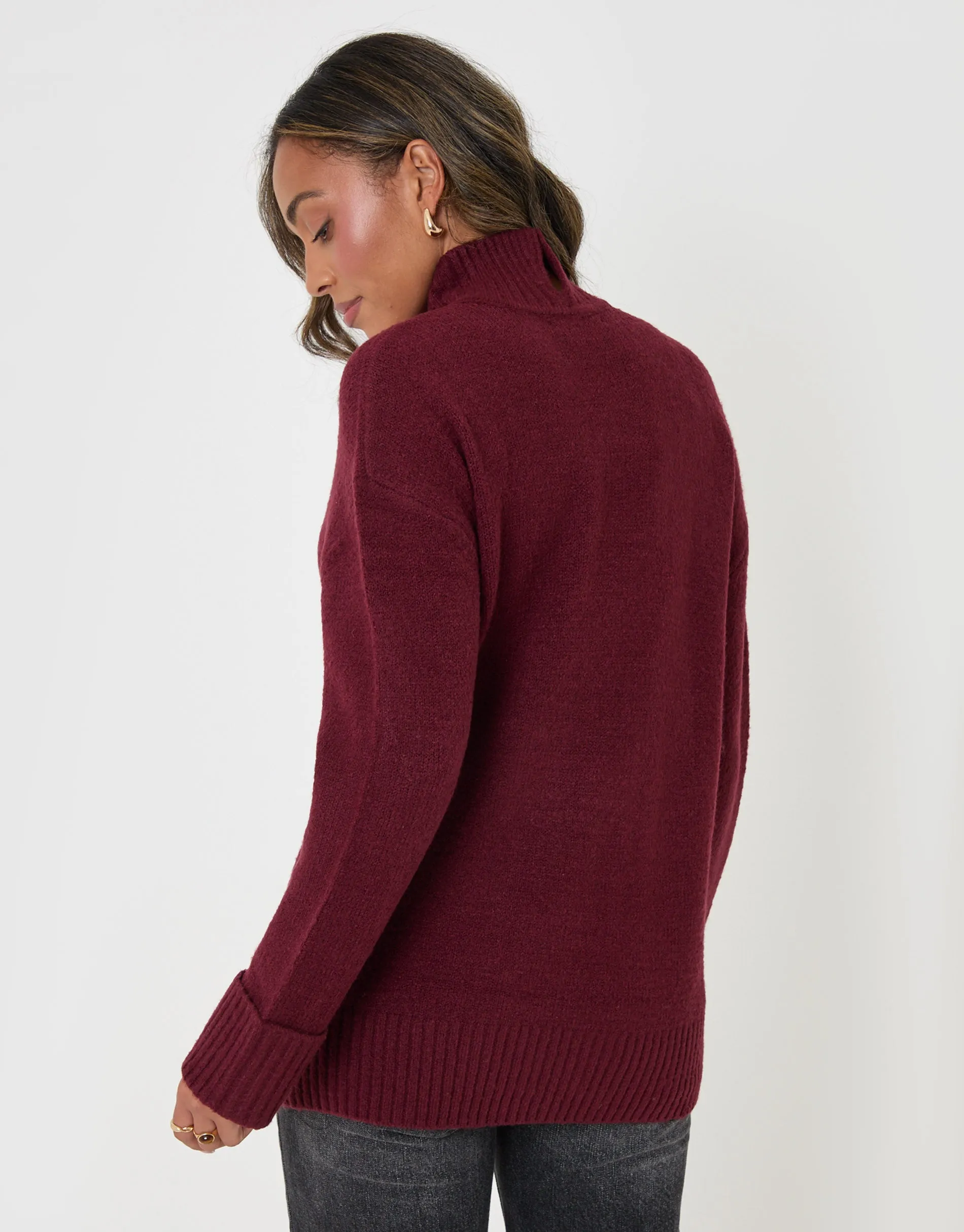 Relaxed Fit Funnel Neck Jumper in Burgundy sold by Threadbare product image thumbnail 2