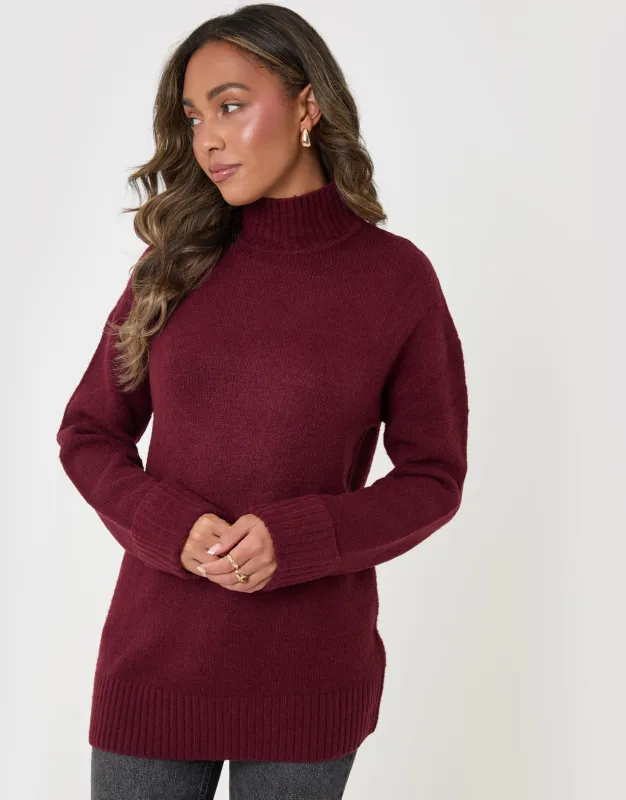 Relaxed Fit Funnel Neck Jumper in Burgundy made by Threadbare