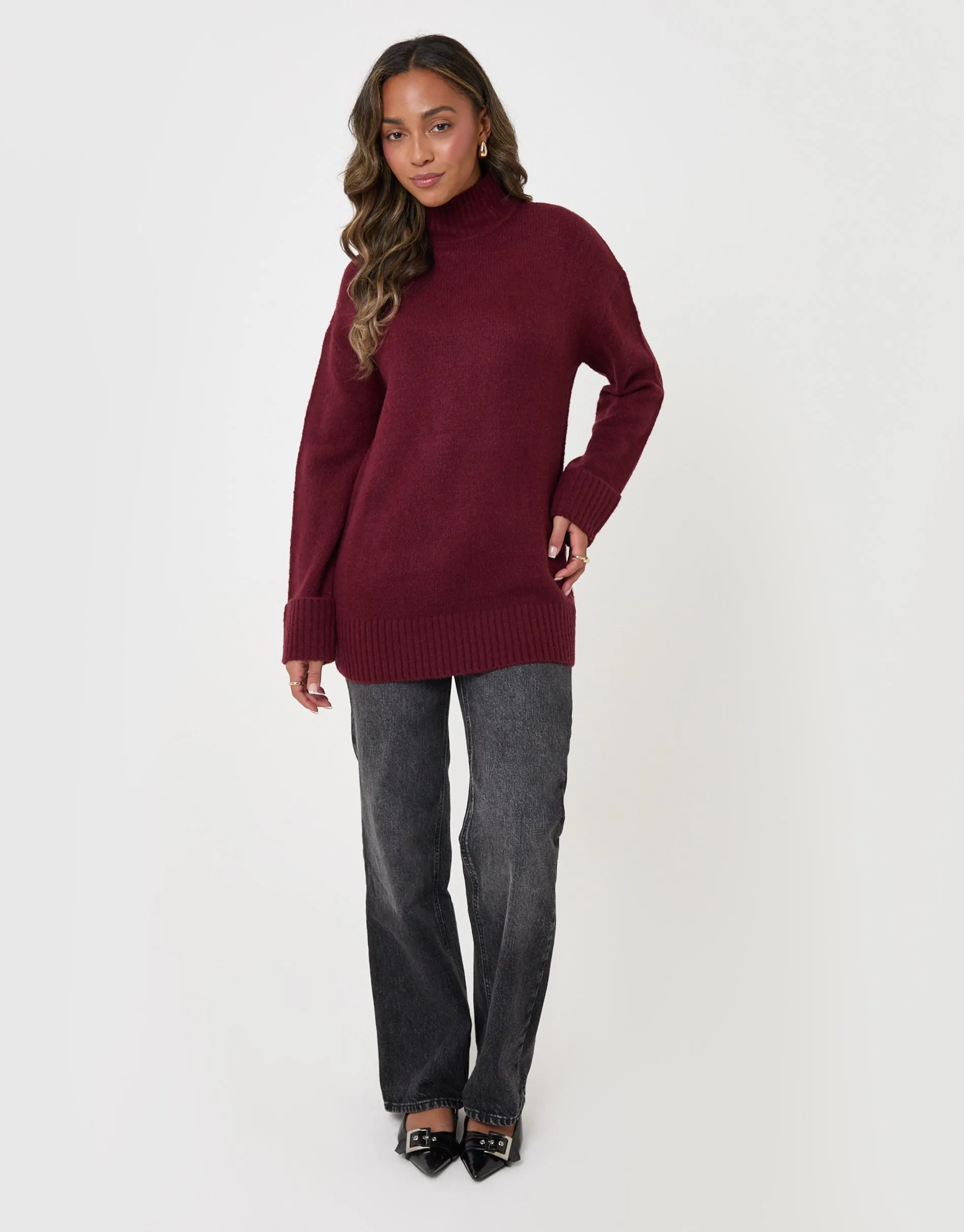 Relaxed Fit Funnel Neck Jumper in Burgundy sold by Threadbare product image thumbnail 3