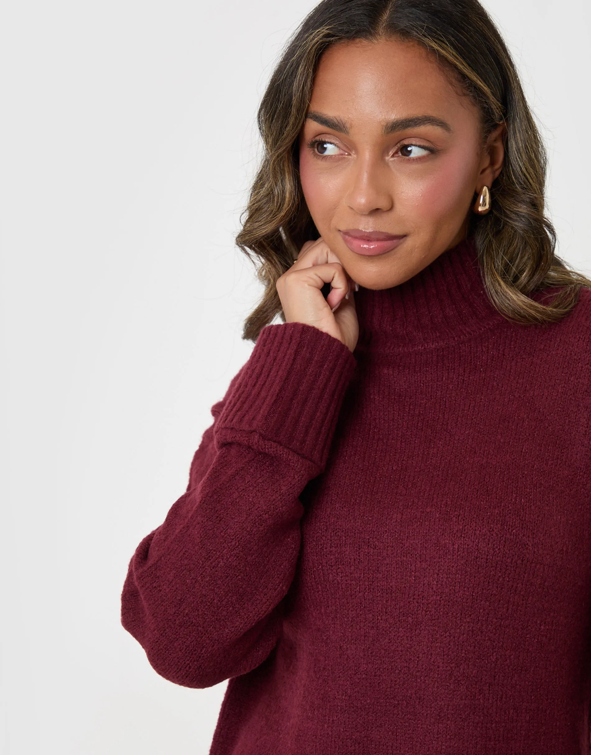 Relaxed Fit Funnel Neck Jumper in Burgundy sold by Threadbare product image thumbnail 4