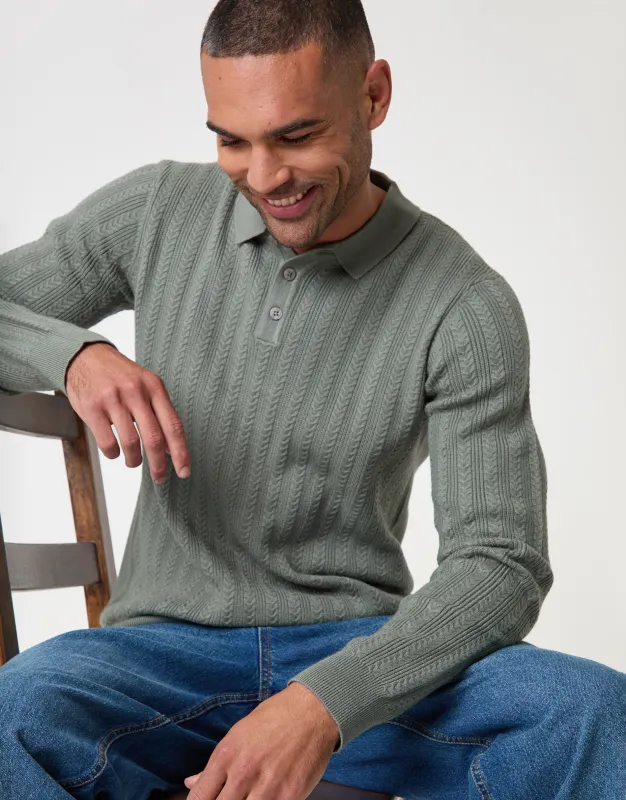 Textured Cable Knit Polo Jumper in Sage made by Threadbare