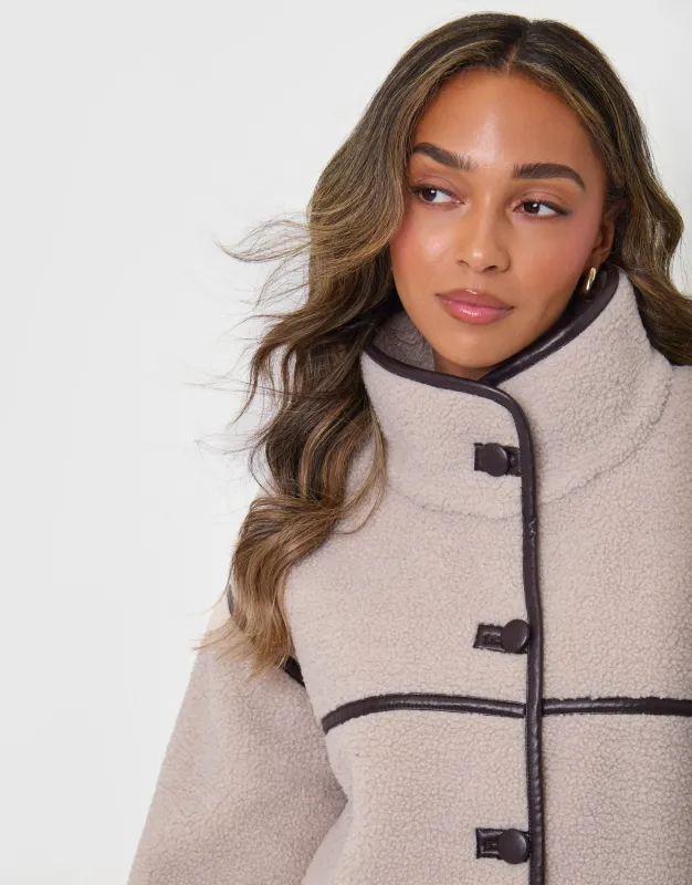 Tab Detail Funnel Neck Fleece in Mushroom Brown made by Threadbare