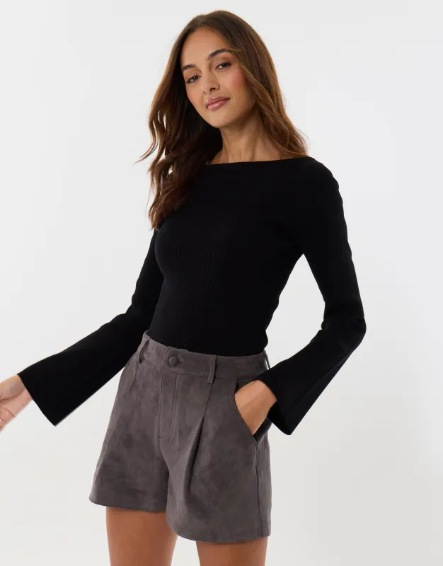 Faux Suede Tailored Shorts in Charcoal Grey made by Threadbare