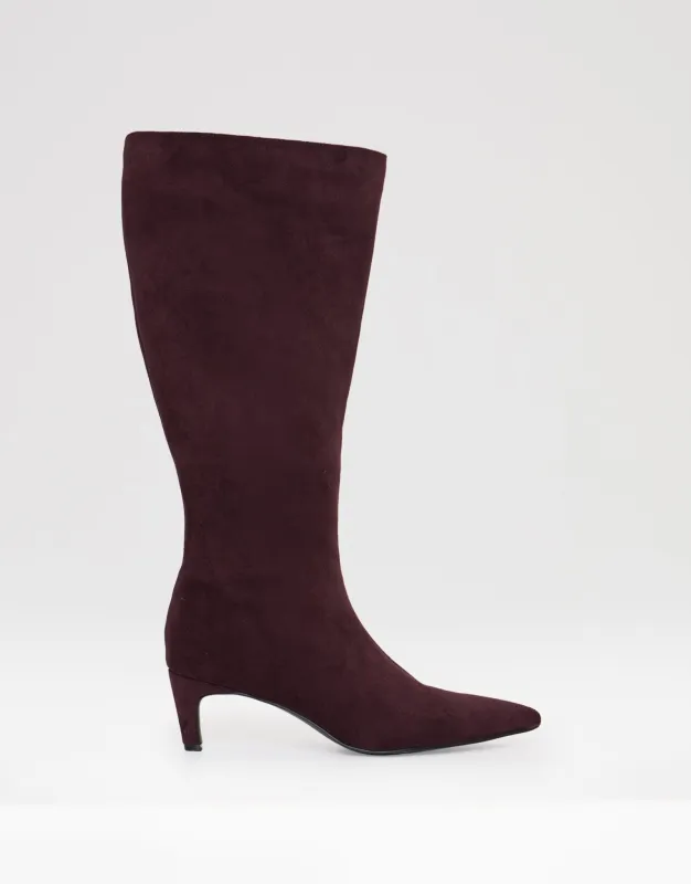 Faux Suede Kitten Heel Knee High Boots in Berry made by Threadbare