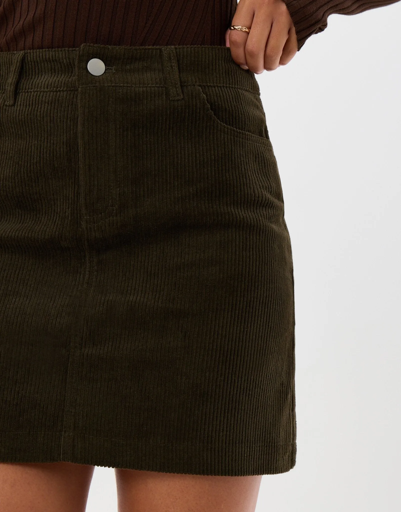 Petite Corduroy Mini Skirt with Pockets in Olive Green sold by Threadbare product image thumbnail 5