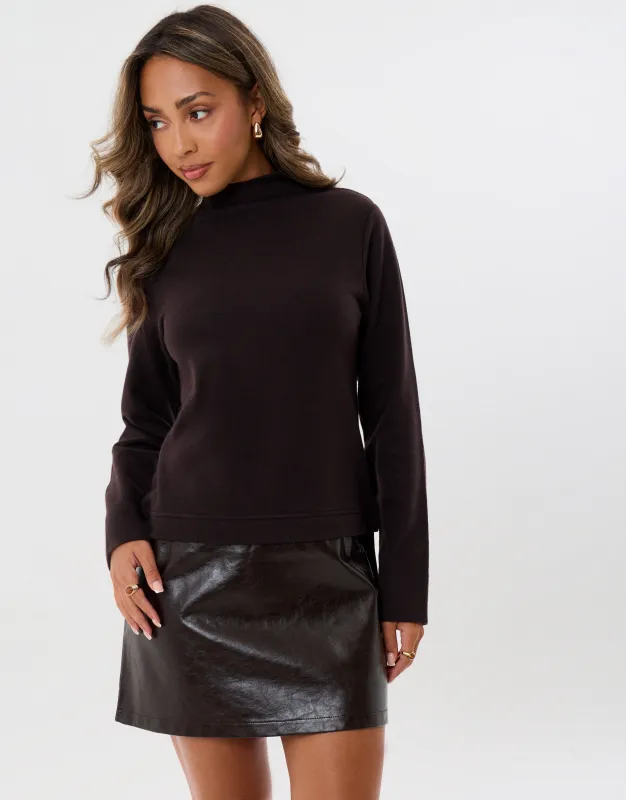 2 in 1 Knitted Mini Dress with Faux Leather Skirt in Chocolate Brown made by Threadbare
