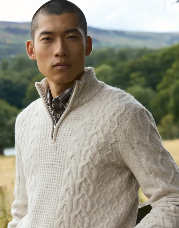 Cable Knit Quarter Zip Jumper in Cream made by Threadbare