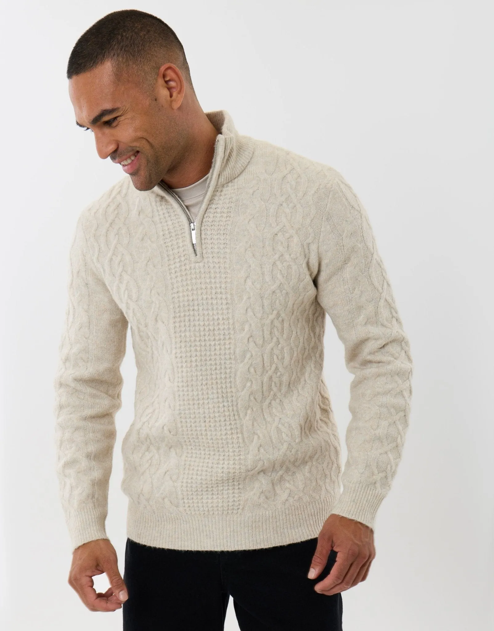 Cable Knit Quarter Zip Jumper in Cream sold by Threadbare product image thumbnail 2