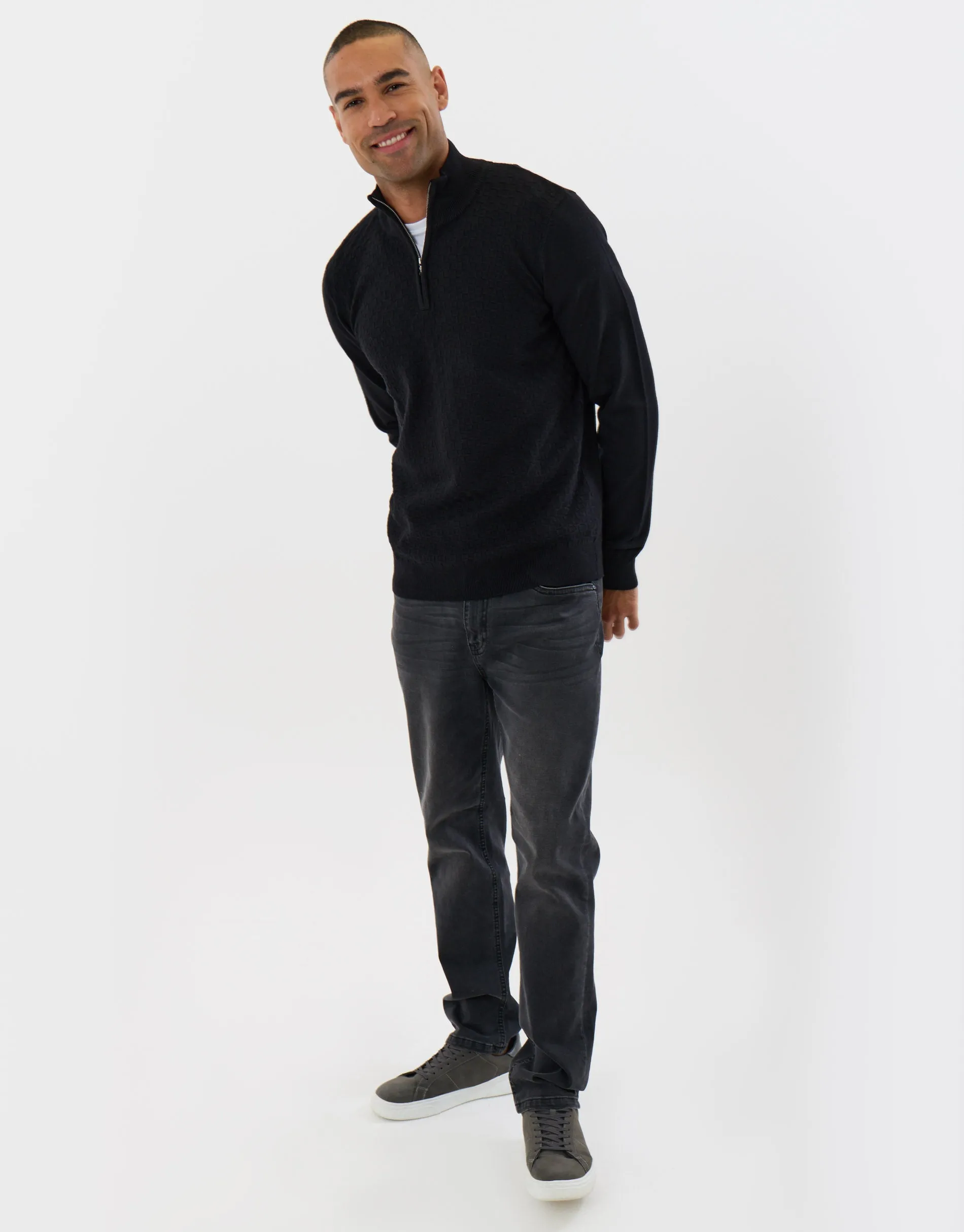 Basket Stitch Quarter Zip Jumper in Black sold by Threadbare product image thumbnail 3