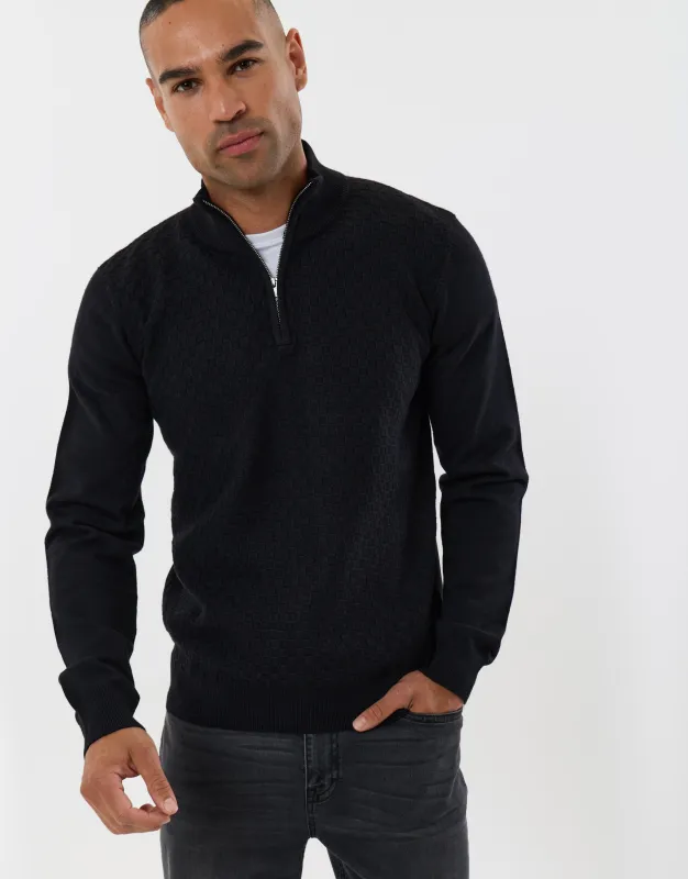 Basket Stitch Quarter Zip Jumper in Black made by Threadbare