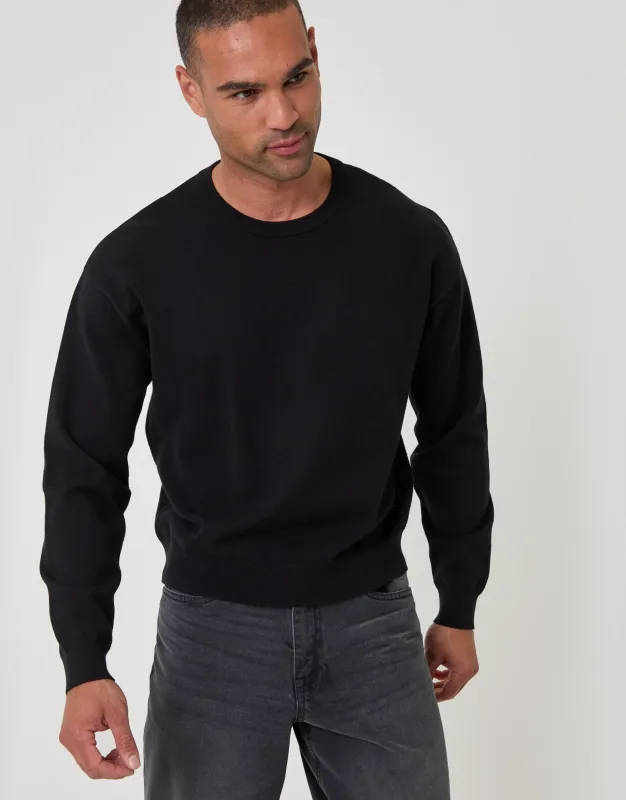 Relaxed Fit Knitted Crew Neck Jumper in Black made by Threadbare