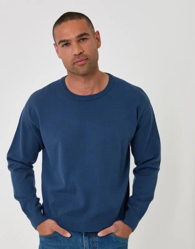 Relaxed Fit Knitted Crew Neck Jumper in Blue made by Threadbare