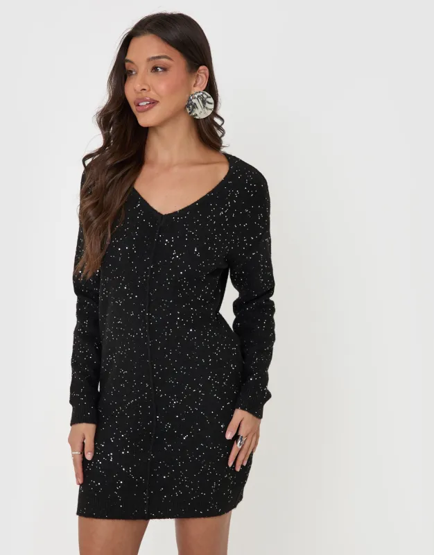 V Neck Sequin Knit Dress in Black made by Threadbare