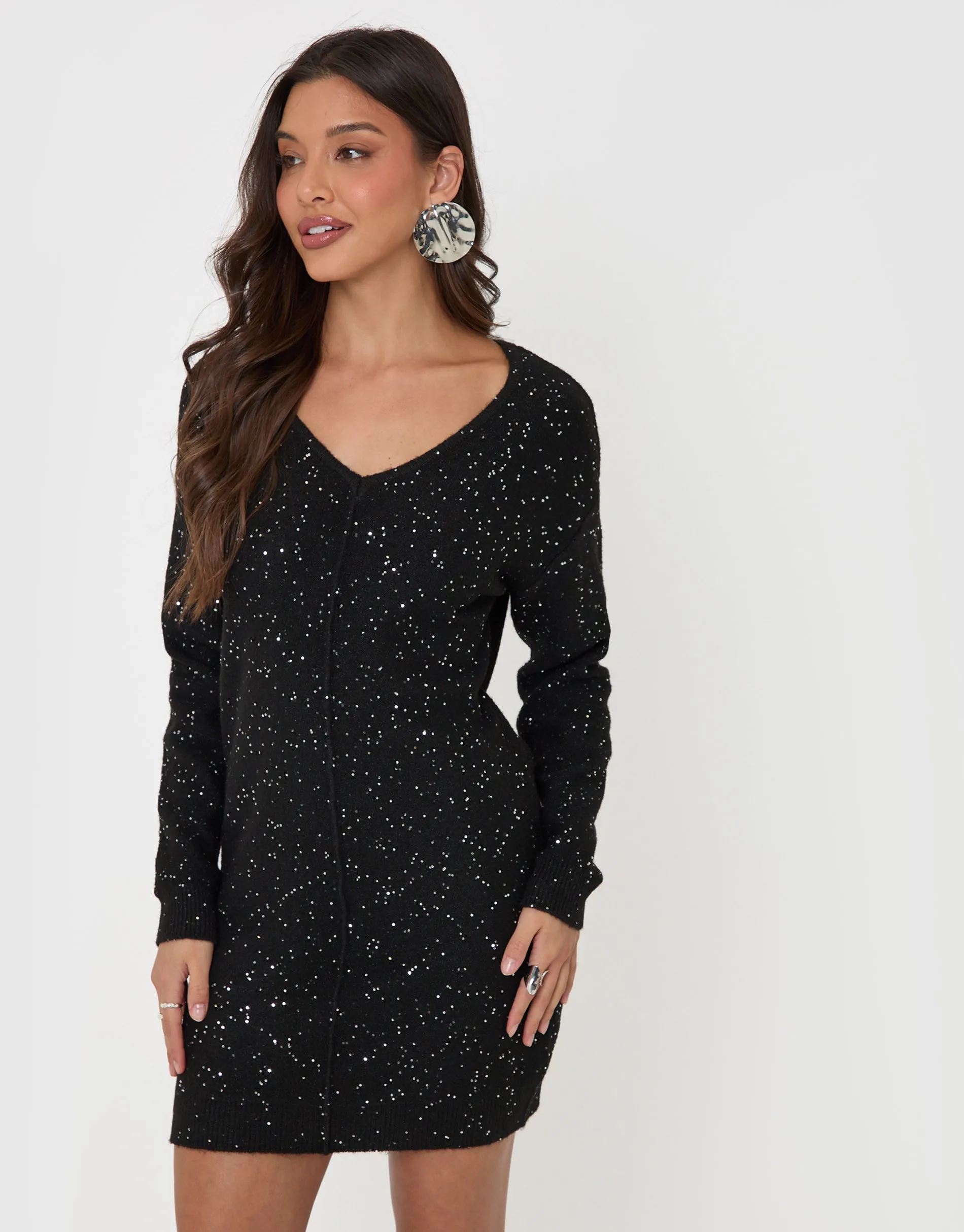 V Neck Sequin Knit Dress in Black sold by Threadbare