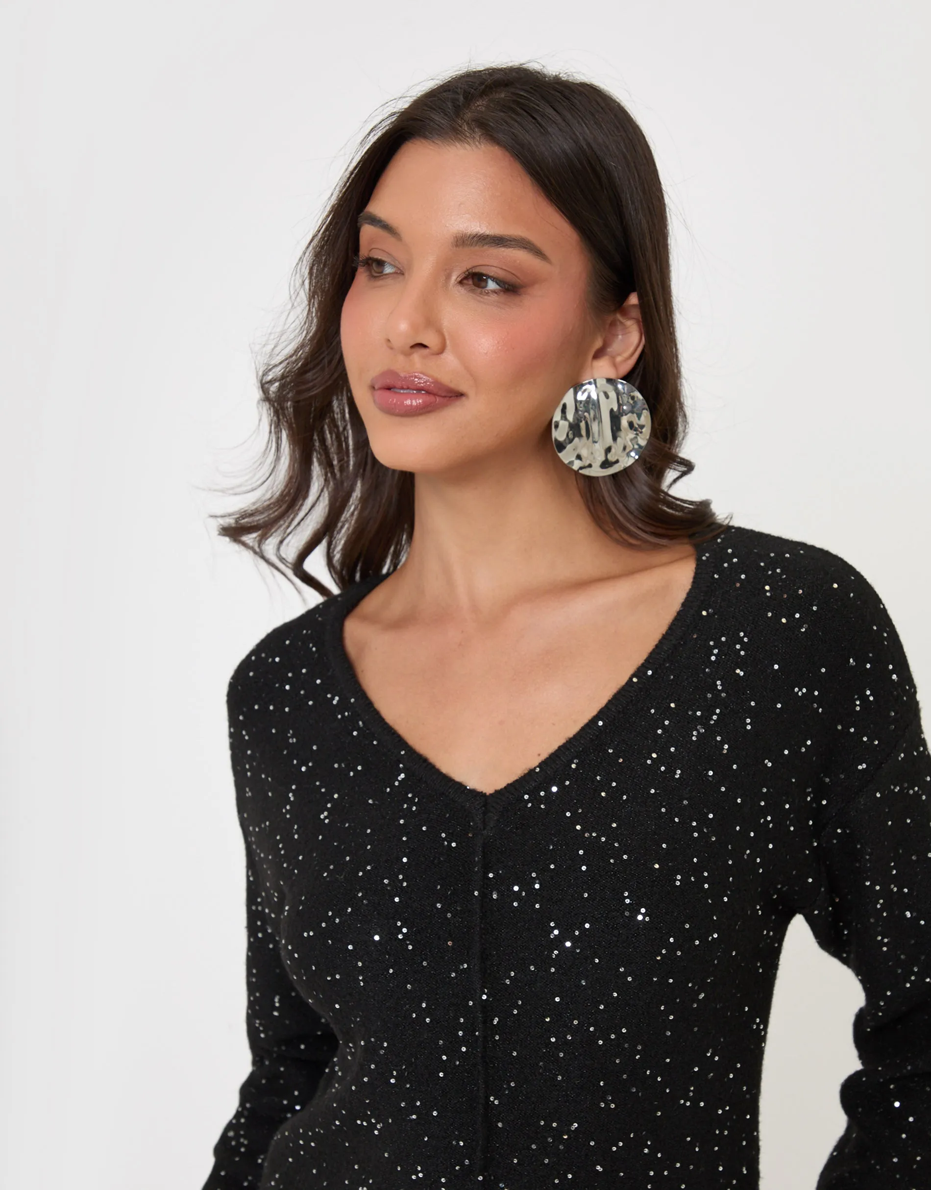 V Neck Sequin Knit Dress in Black sold by Threadbare product image thumbnail 4