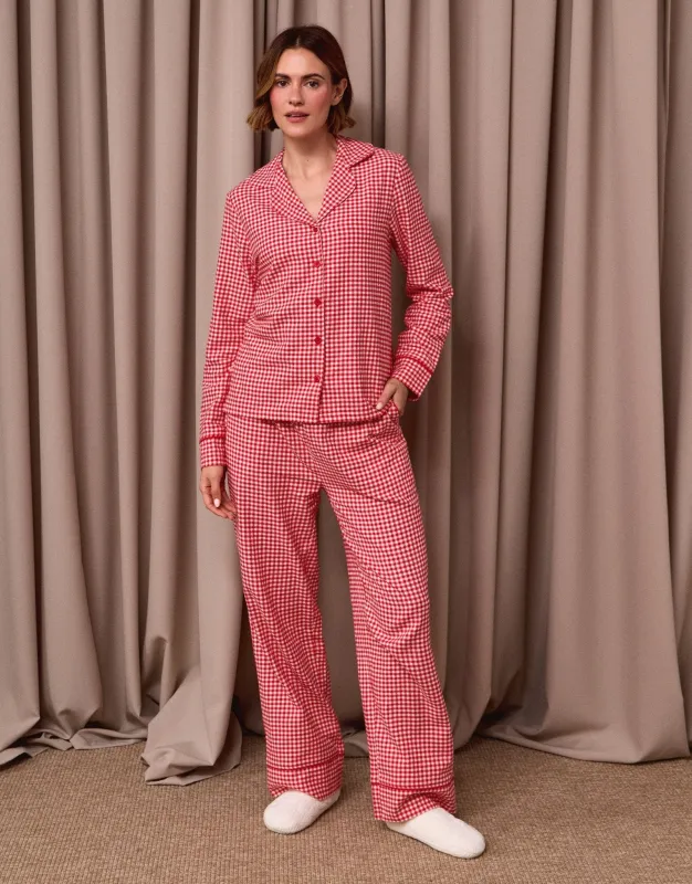 Petite Cotton Button Up Pyjama Set in Red Gingham made by Threadbare