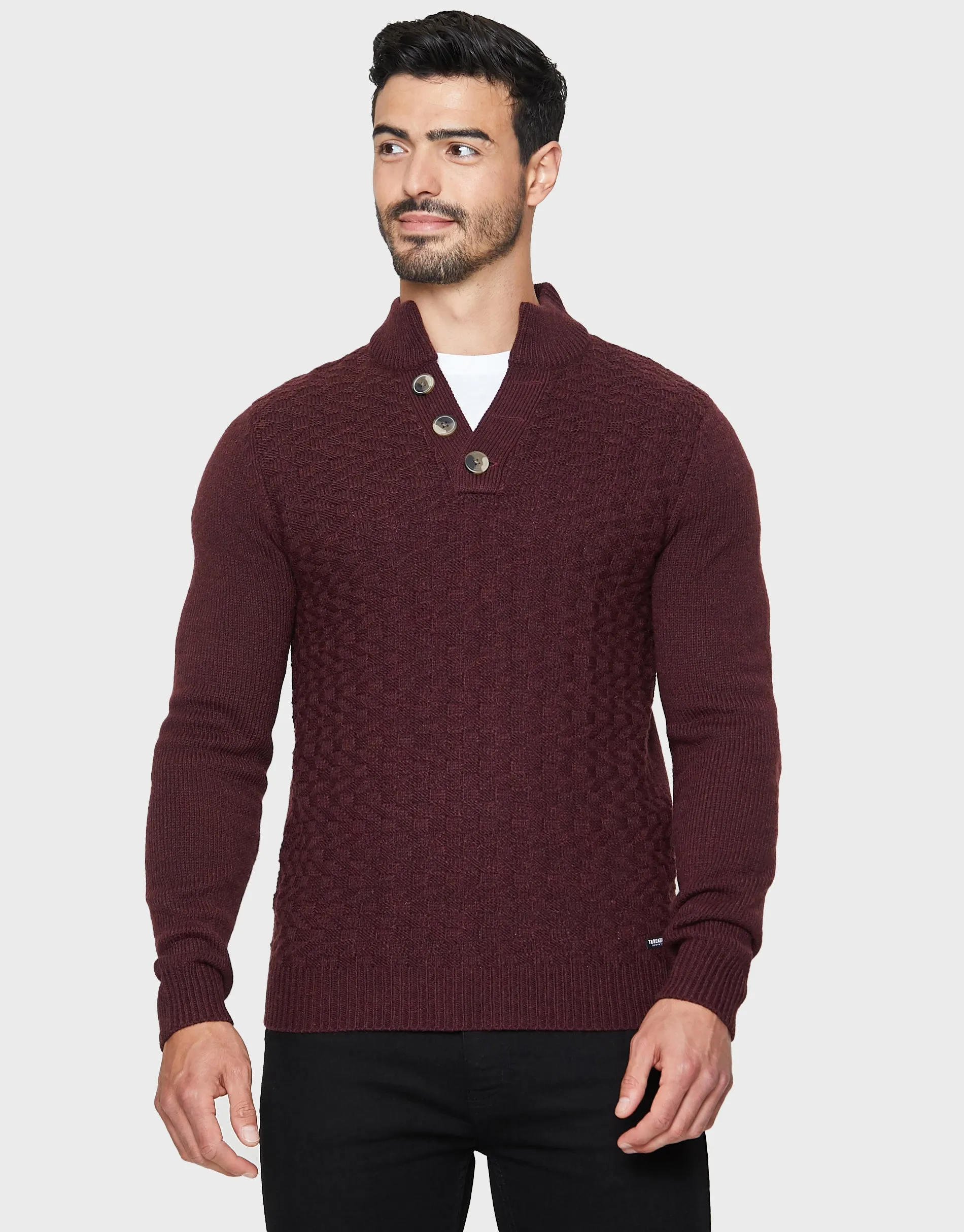 Men's Burgundy Open Button Turtleneck Jumper sold by Threadbare