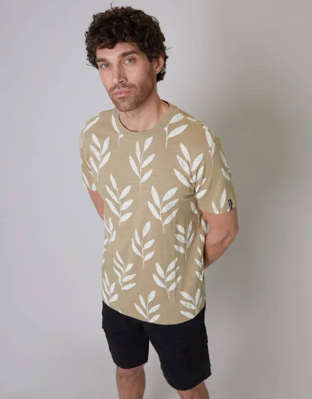 Beige Leaf Print Crew Neck T-Shirt sold by Threadbare
