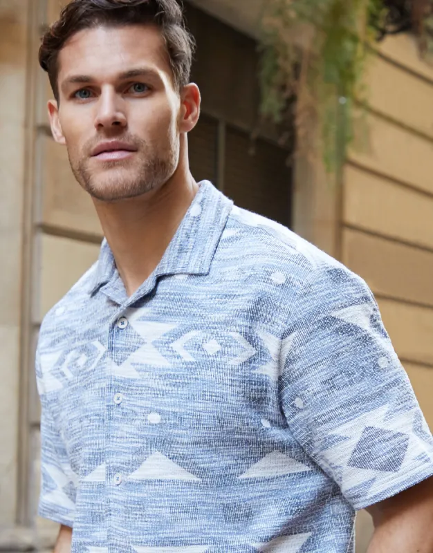 Threadbare Men's Blue Tribal Revere Collar Short Sleeve Shirt sold by Threadbare